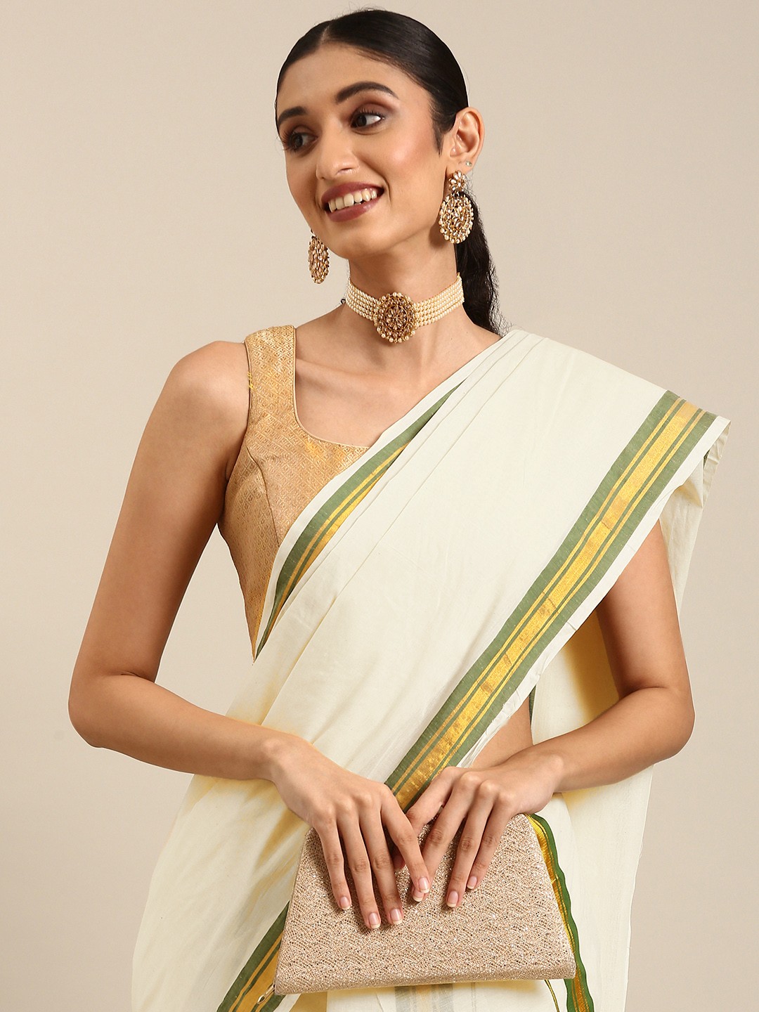 

Thara Sarees Zari Pure Cotton Kasavu Saree, Off white
