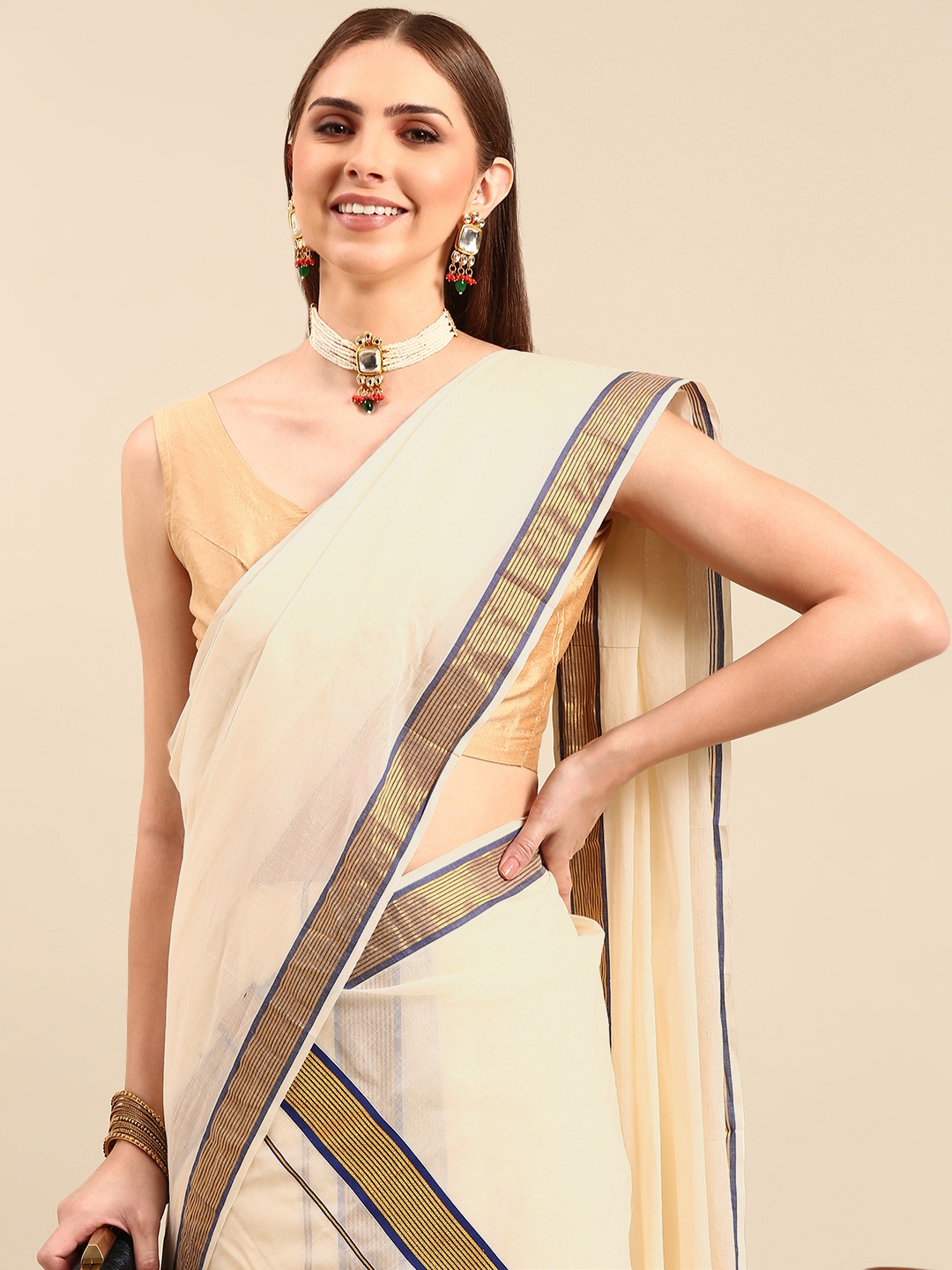 

Thara Sarees Zari Pure Cotton Kasavu Saree, Off white