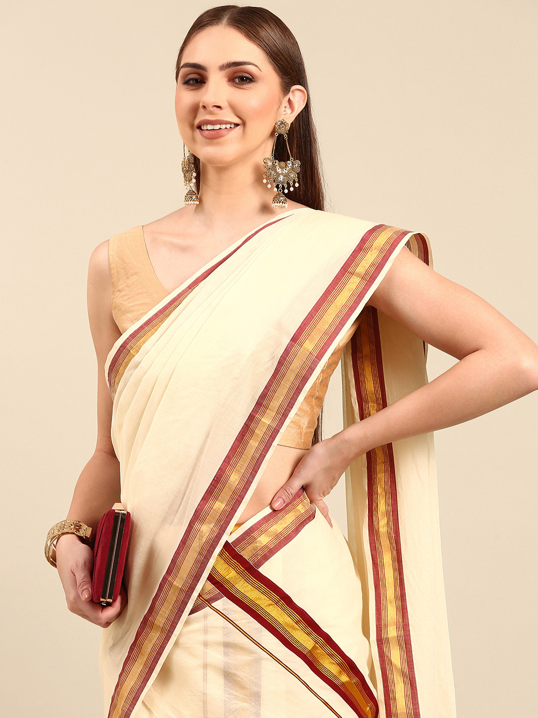 

Thara Sarees Zari Pure Cotton Kasavu Saree, Off white