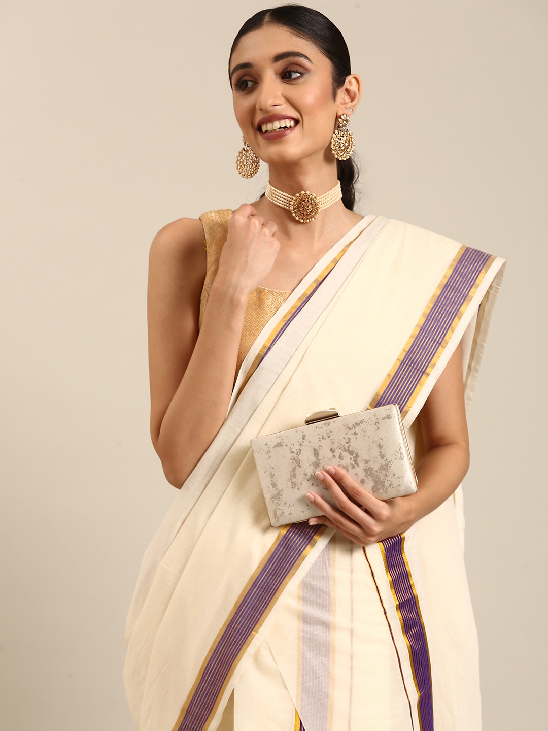 

Thara Sarees Zari Pure Cotton Kasavu Saree, Off white