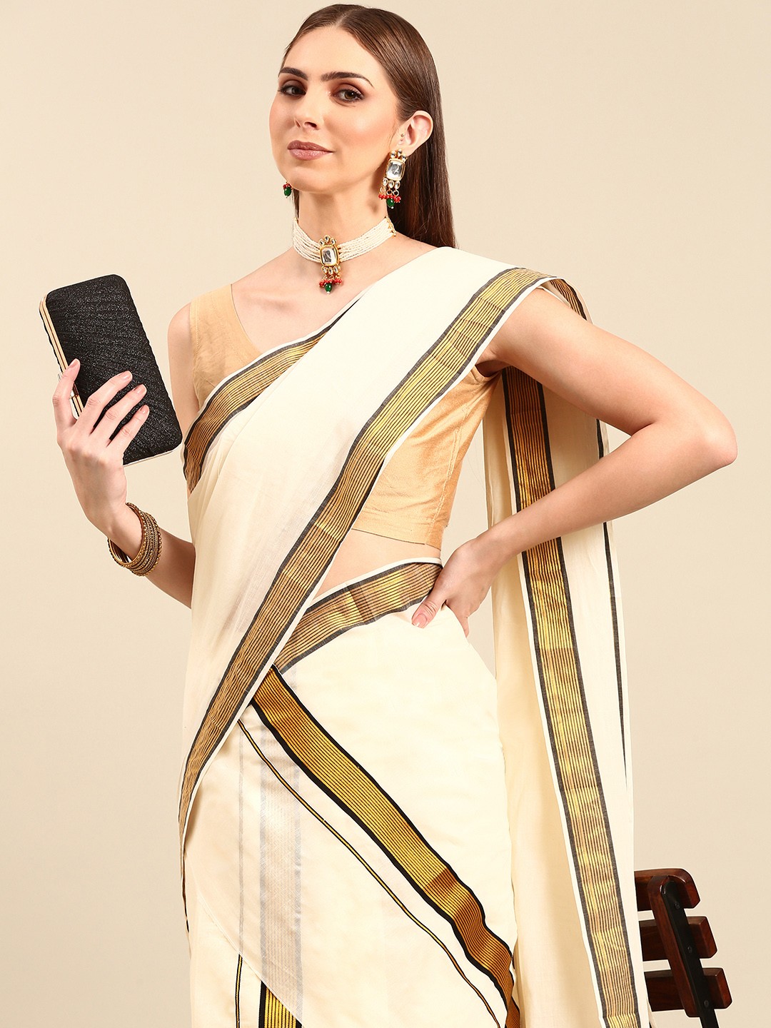 

Thara Sarees Zari Pure Cotton Kasavu Saree, Off white