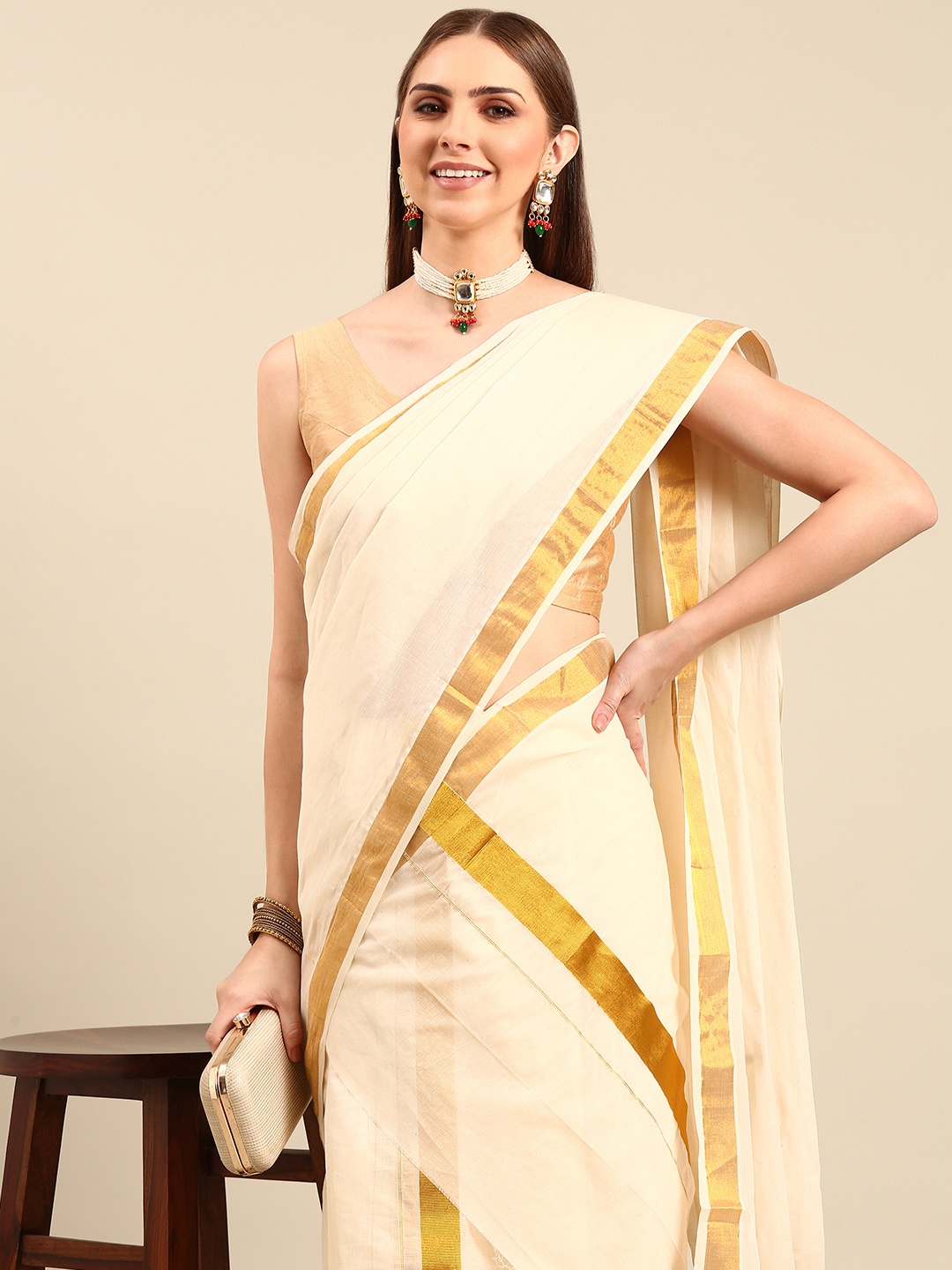 

Thara Sarees Zari Pure Cotton Kasavu Saree, Off white