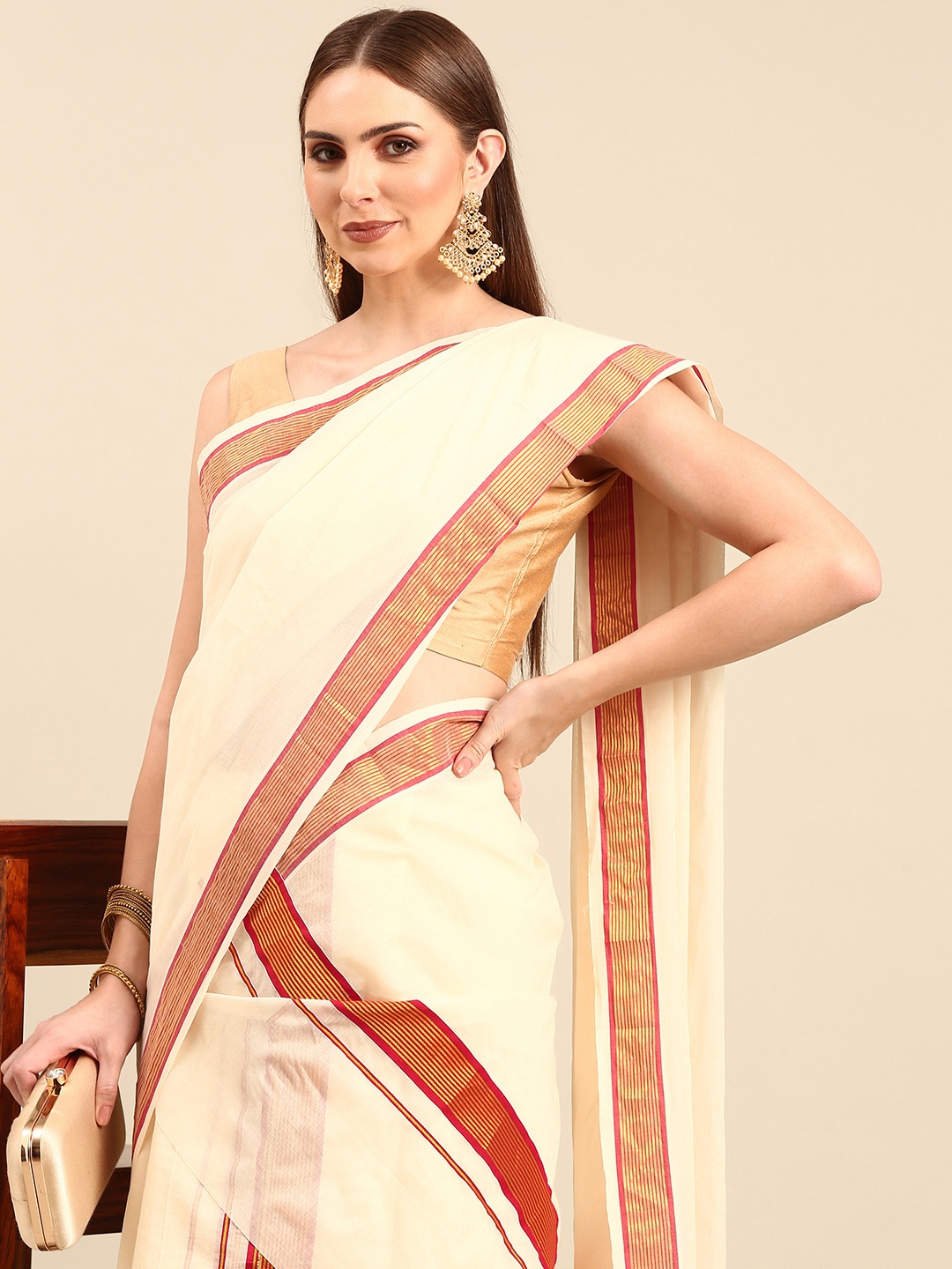 

Thara Sarees Zari Pure Cotton Kasavu Saree, Off white