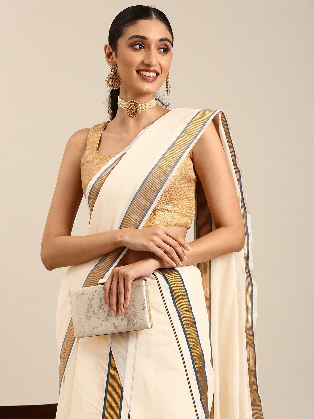 

Thara Sarees Zari Pure Cotton Kasavu Saree, Off white