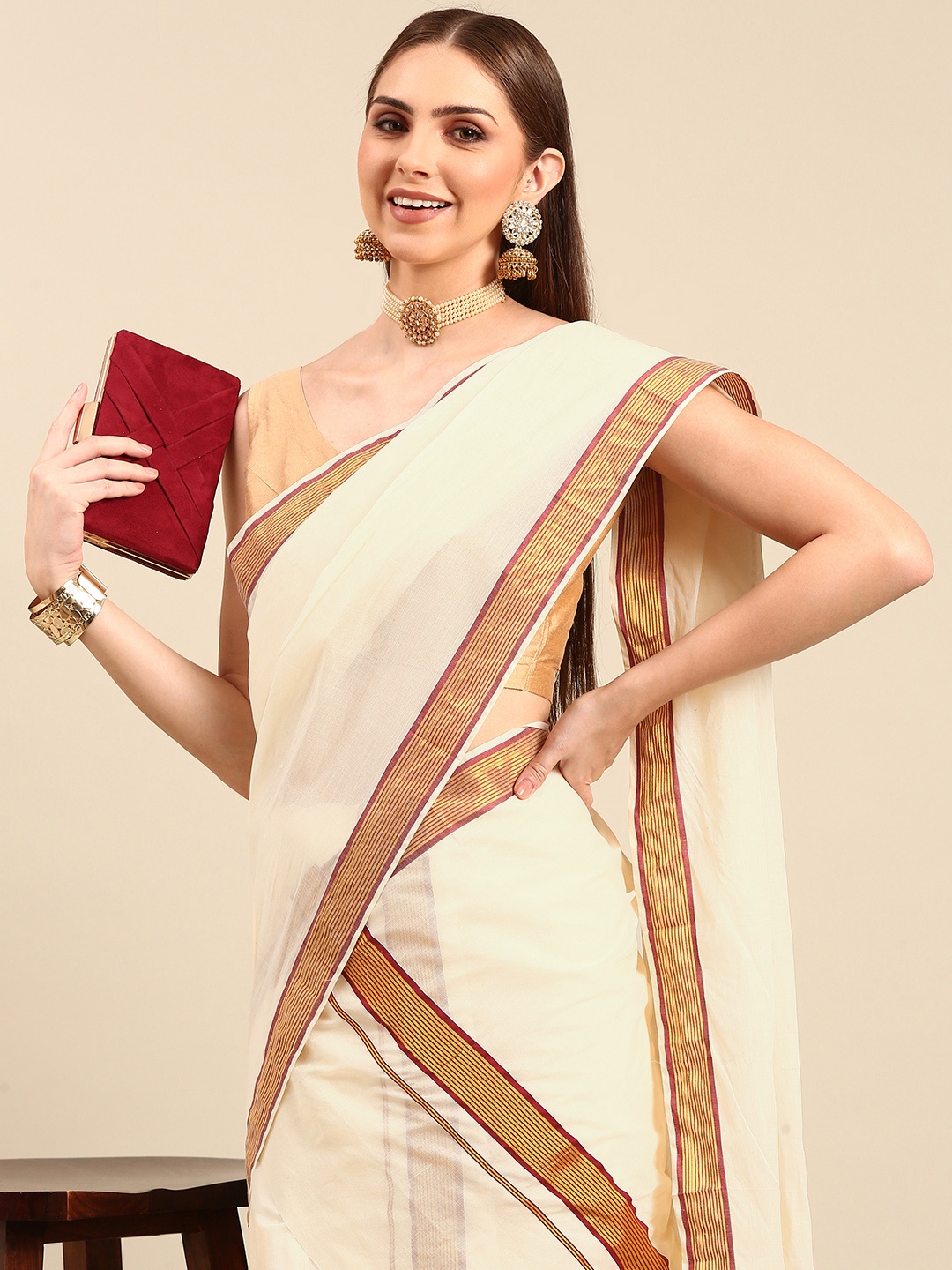 

Thara Sarees Zari Pure Cotton Kasavu Saree, Off white