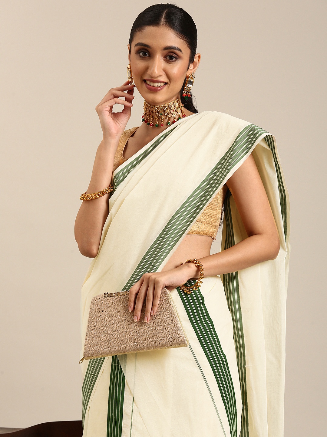 

Thara Sarees Zari Pure Cotton Kasavu Saree, Off white