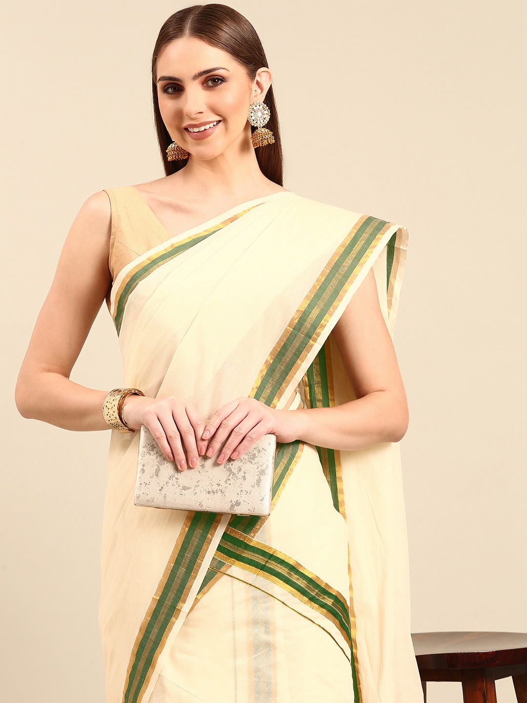 

Thara Sarees Zari Pure Cotton Kasavu Saree, Off white