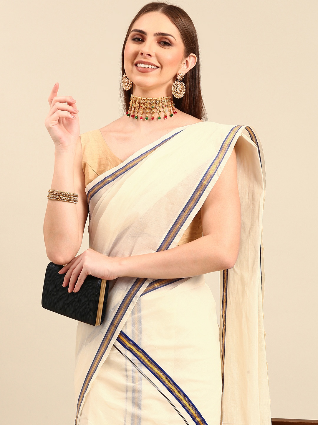 

Thara Sarees Zari Pure Cotton Kasavu Saree, Off white