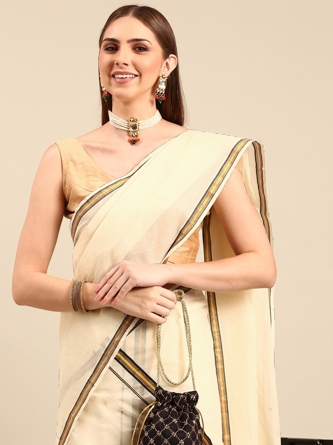 

Thara Sarees Zari Pure Cotton Kasavu Saree, Off white