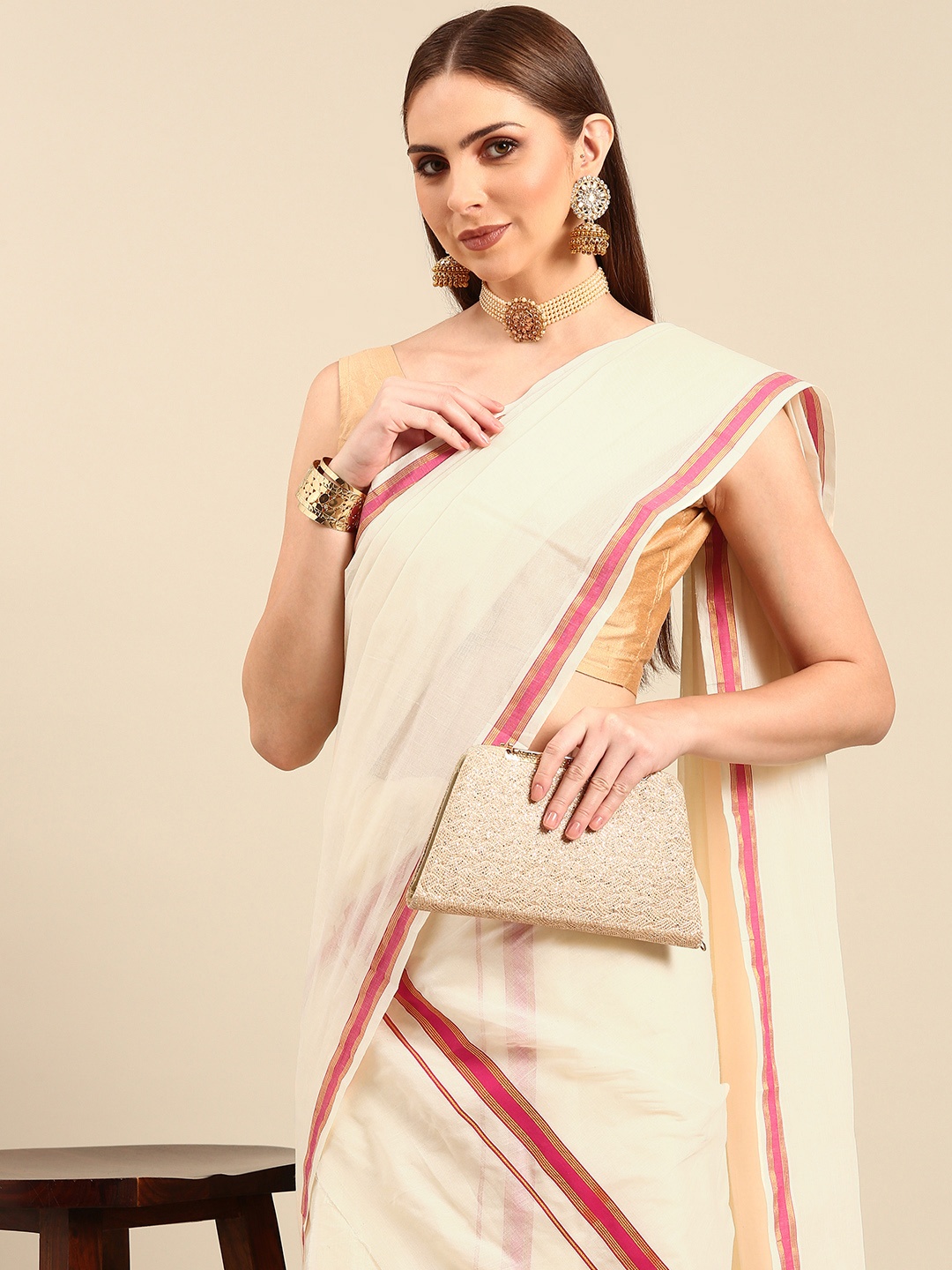 

Thara Sarees Zari Pure Cotton Kasavu Saree, Off white