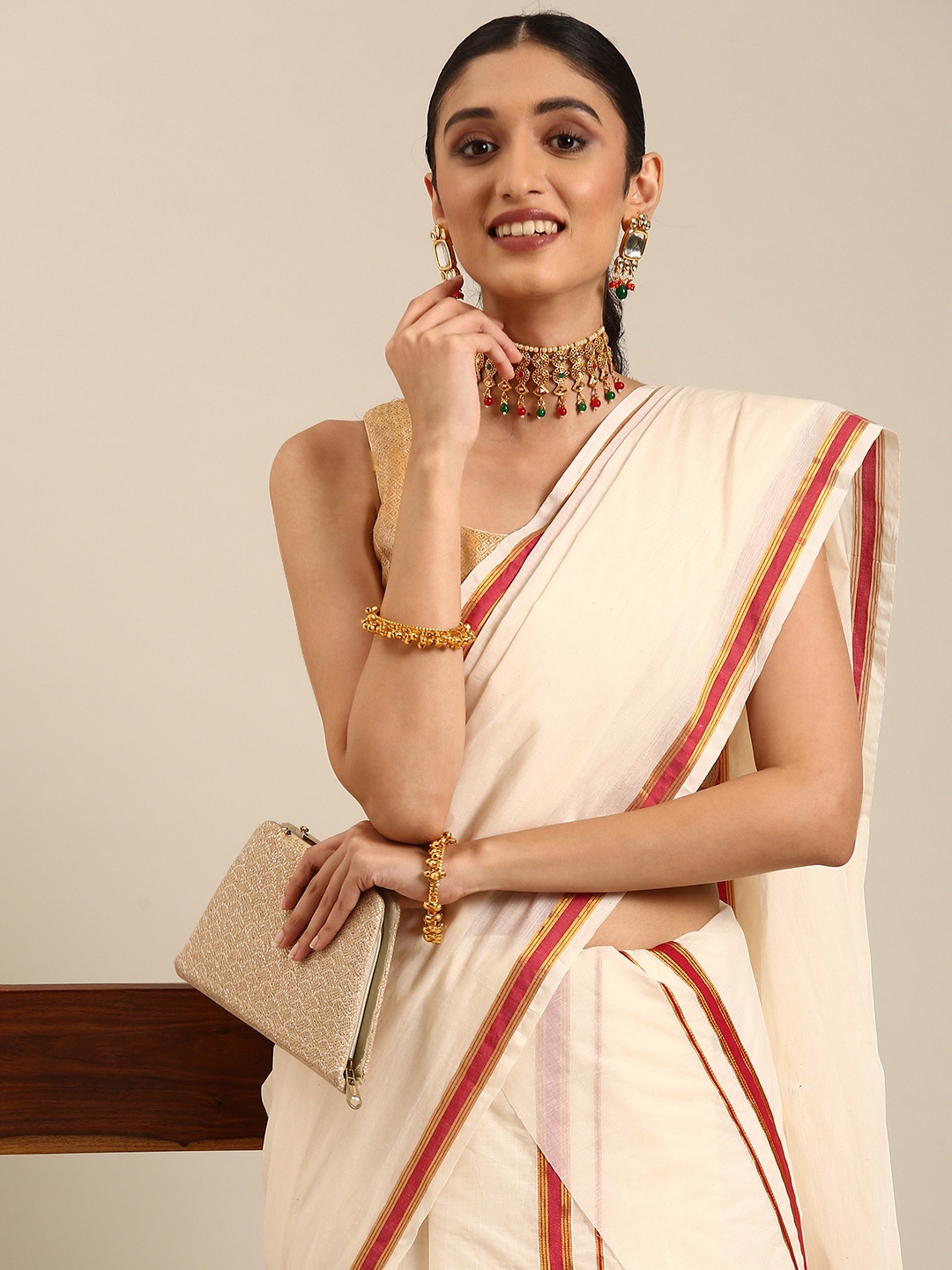 

Thara Sarees Zari Pure Cotton Kasavu Saree, Off white