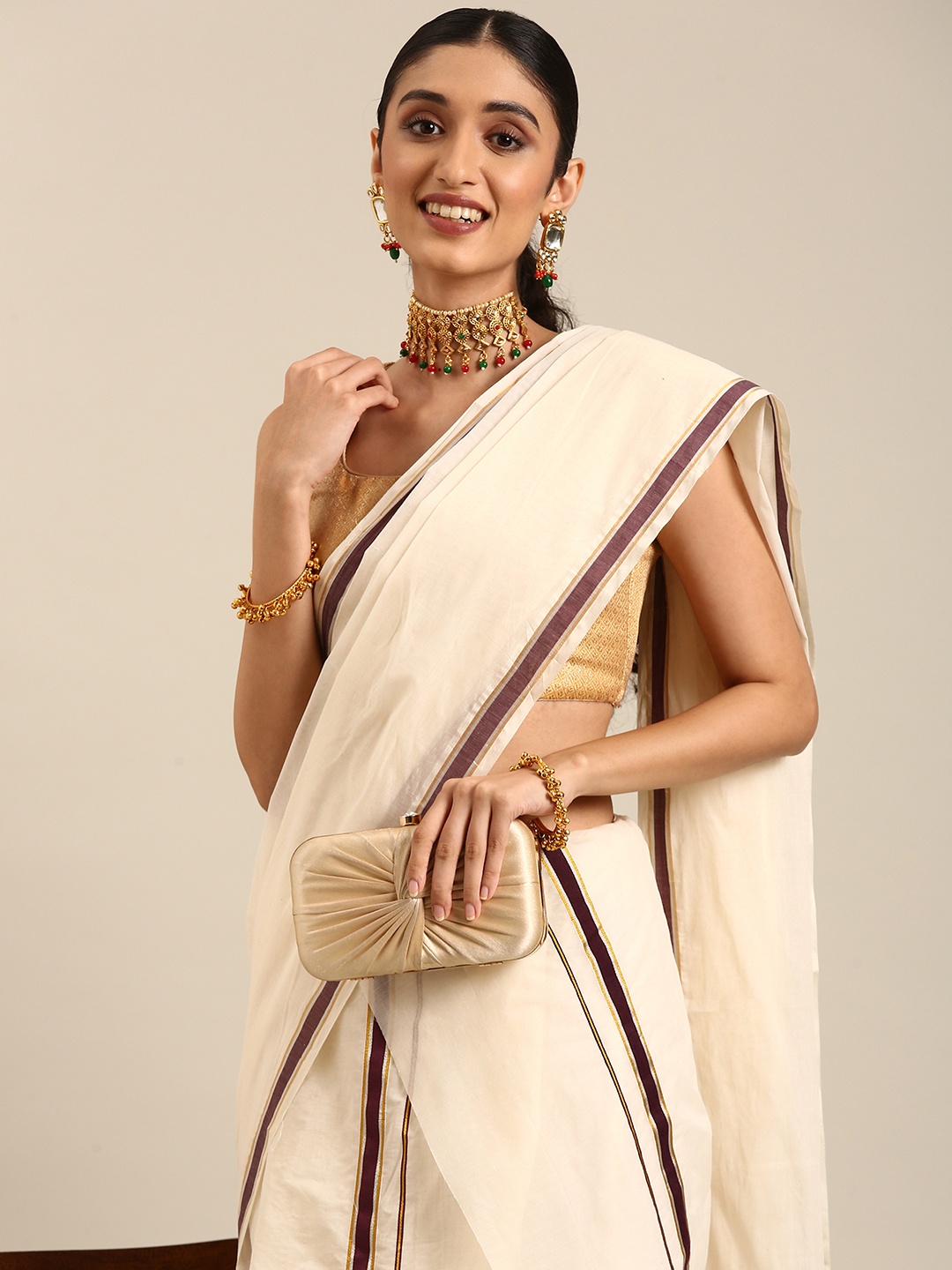 

Thara Sarees Zari Pure Cotton Kasavu Saree, Off white