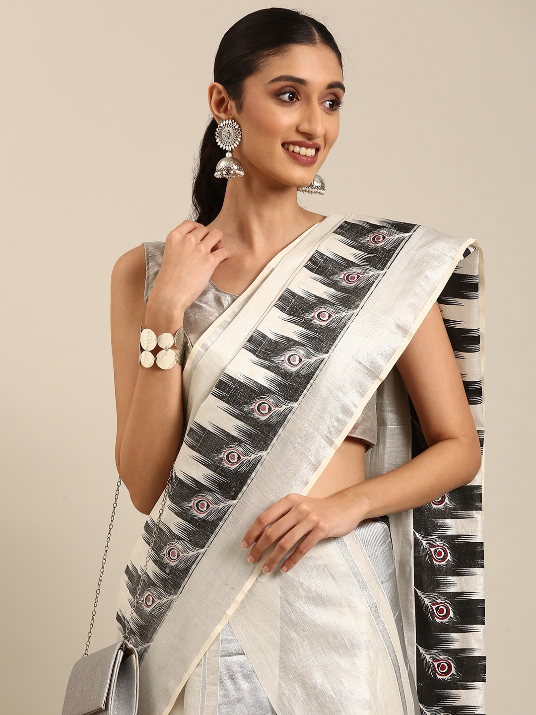 

Thara Sarees Ethnic Motifs Zari Pure Cotton Kasavu Saree, Silver