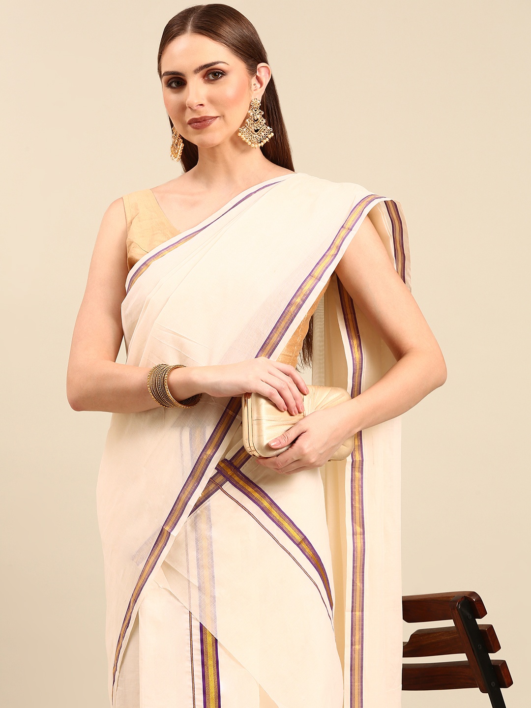 

Thara Sarees Zari Pure Cotton Kasavu Saree, Off white