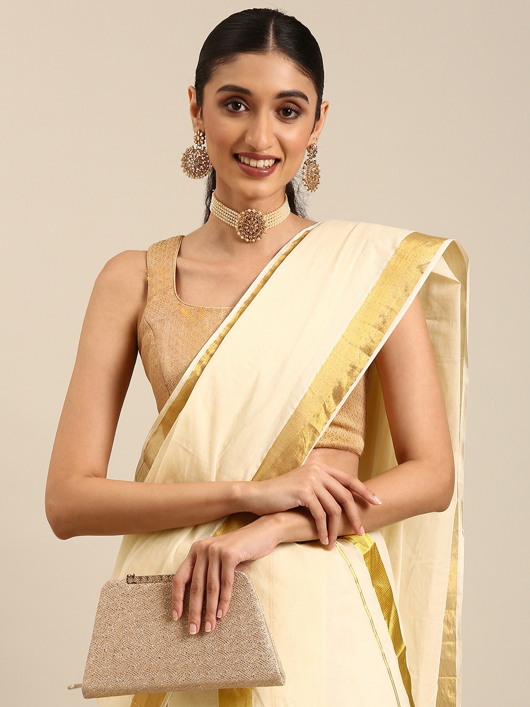 

Thara Sarees Zari Pure Cotton Kasavu Saree, Off white