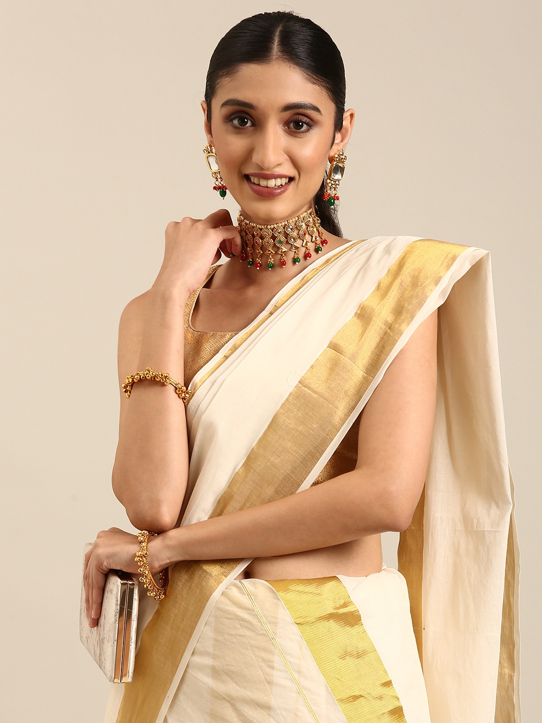 

Thara Sarees Zari Pure Cotton Kasavu Saree, Off white