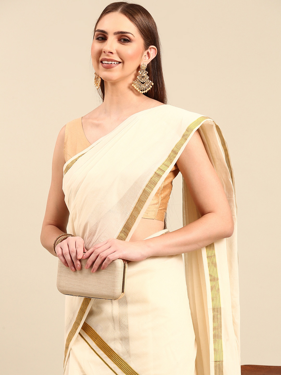 

Thara Sarees Zari Pure Cotton Kasavu Saree, Off white