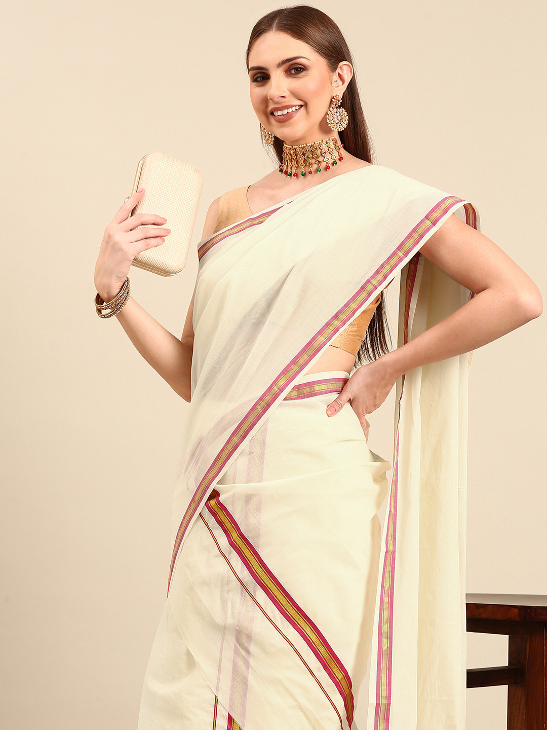

Thara Sarees Zari Pure Cotton Kasavu Saree, Off white