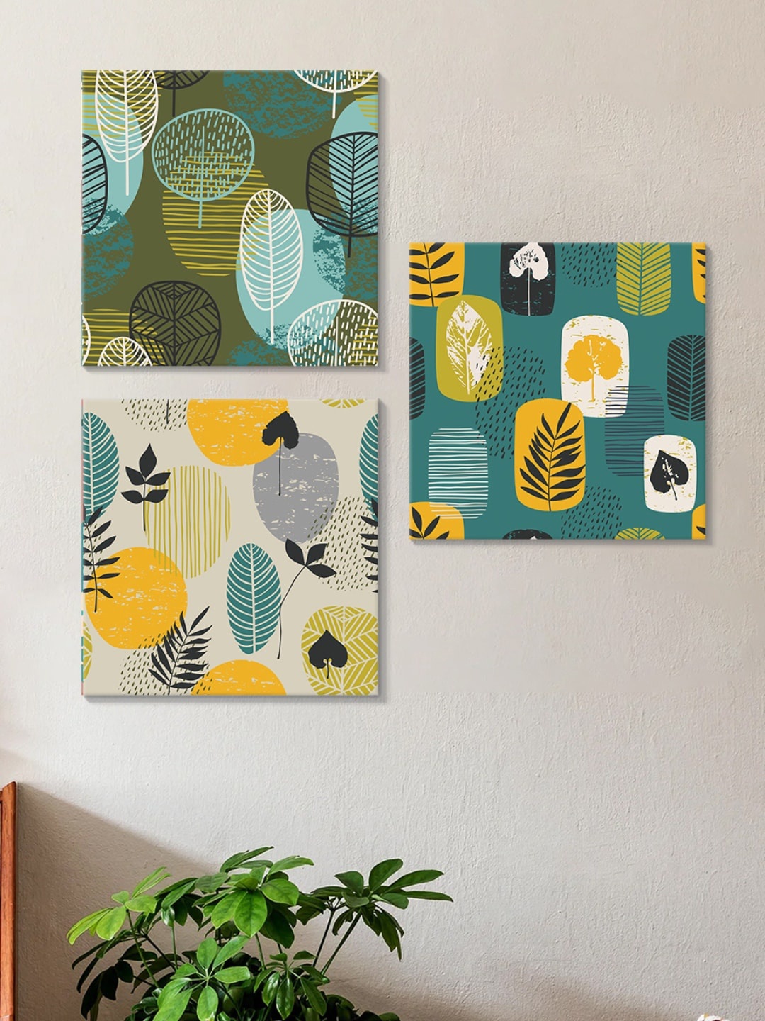 

Art Street Green & Yellow 3 Pieces Botanical Cotton Canvas Wall Art