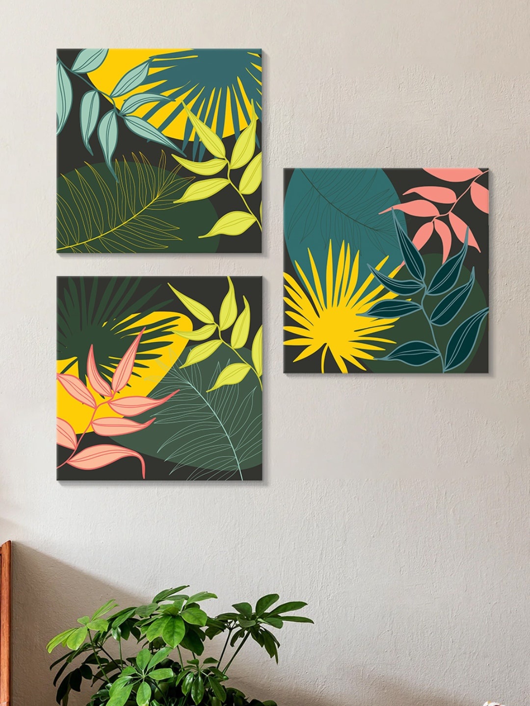 

Art Street Green & Yellow 3 Pieces Botanical Abstract Cotton Canvas Wall Art