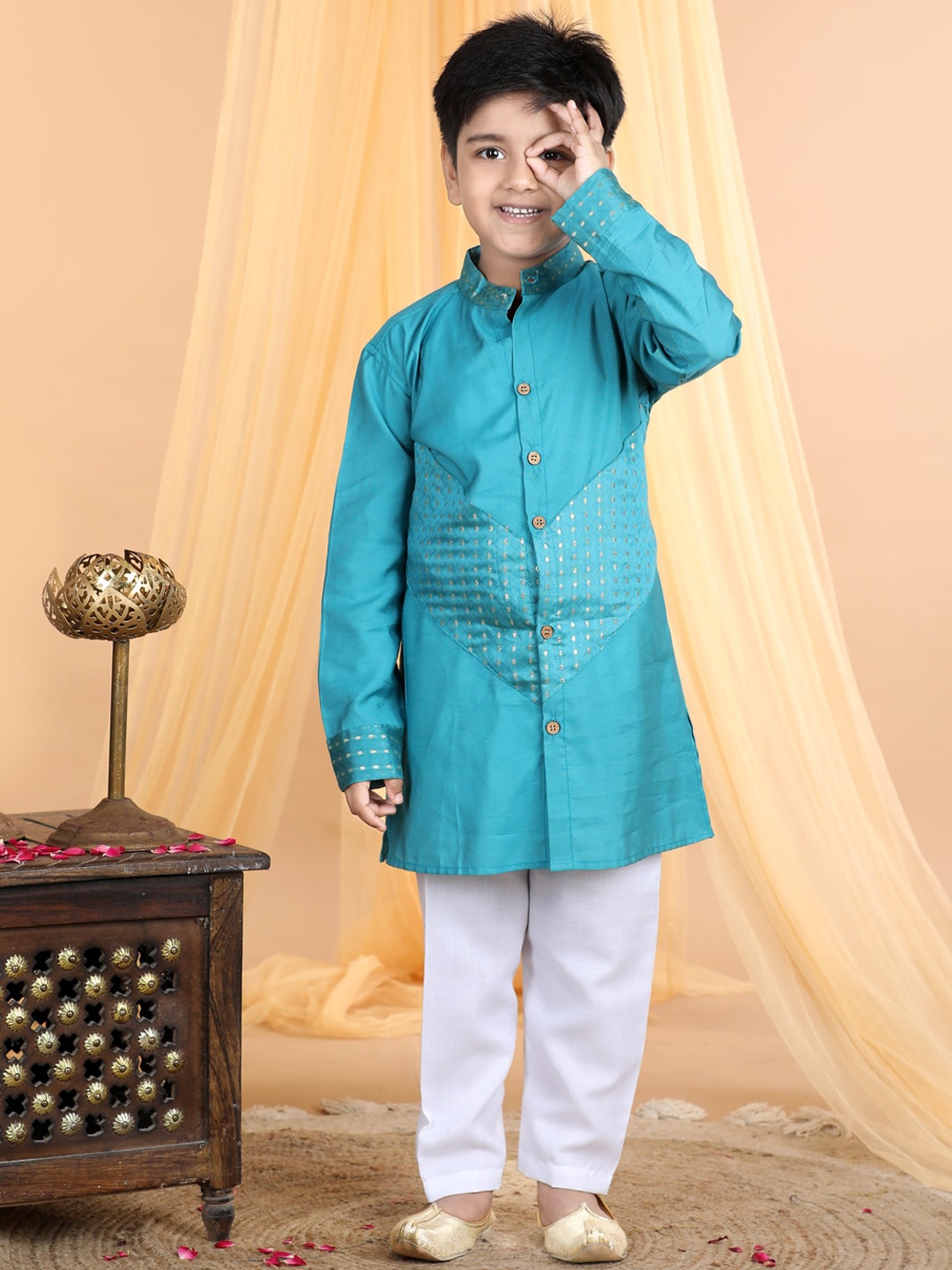 

Here&Now X Kinder Kids Boys Woven Design Pure Cotton Straight Kurta With Pyjamas, Blue