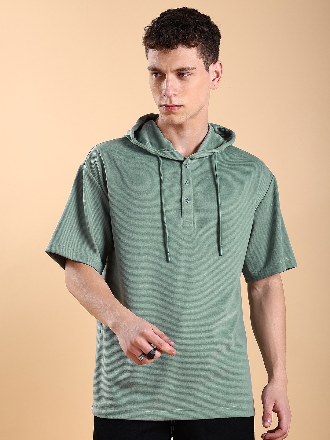 

KETCH Hooded Popcorn Structured Drop Shoulder Oversized T-shirt, Olive