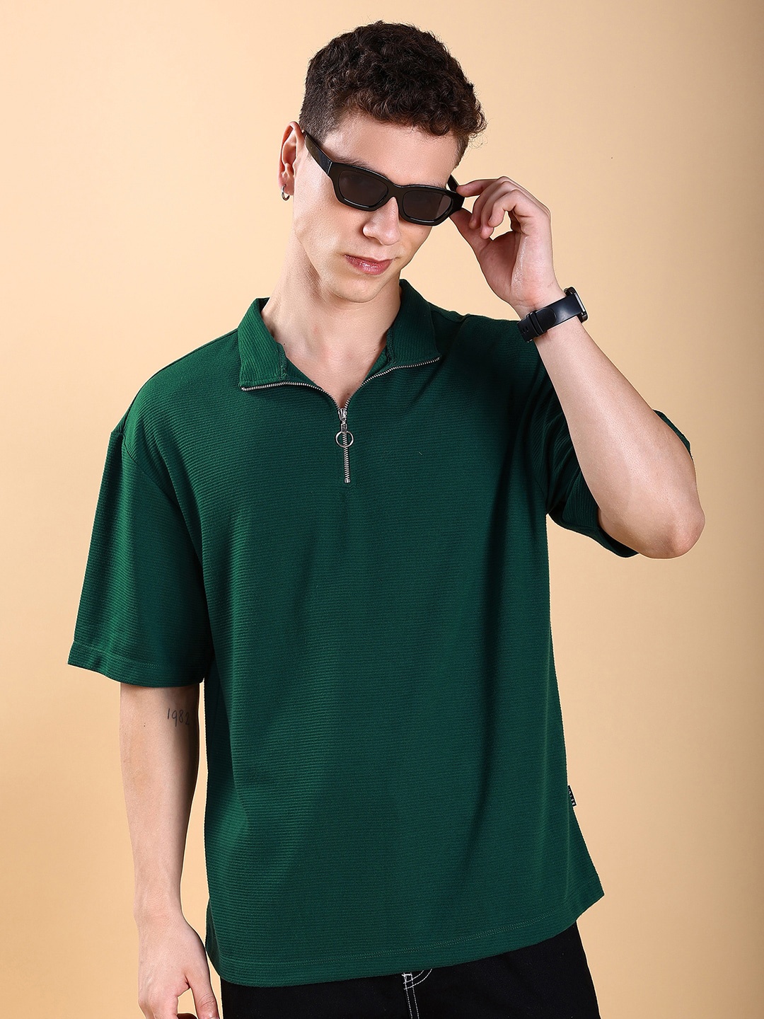 

KETCH Polo Collar Extended Sleeves Popcorn Structured T-shirt, Green