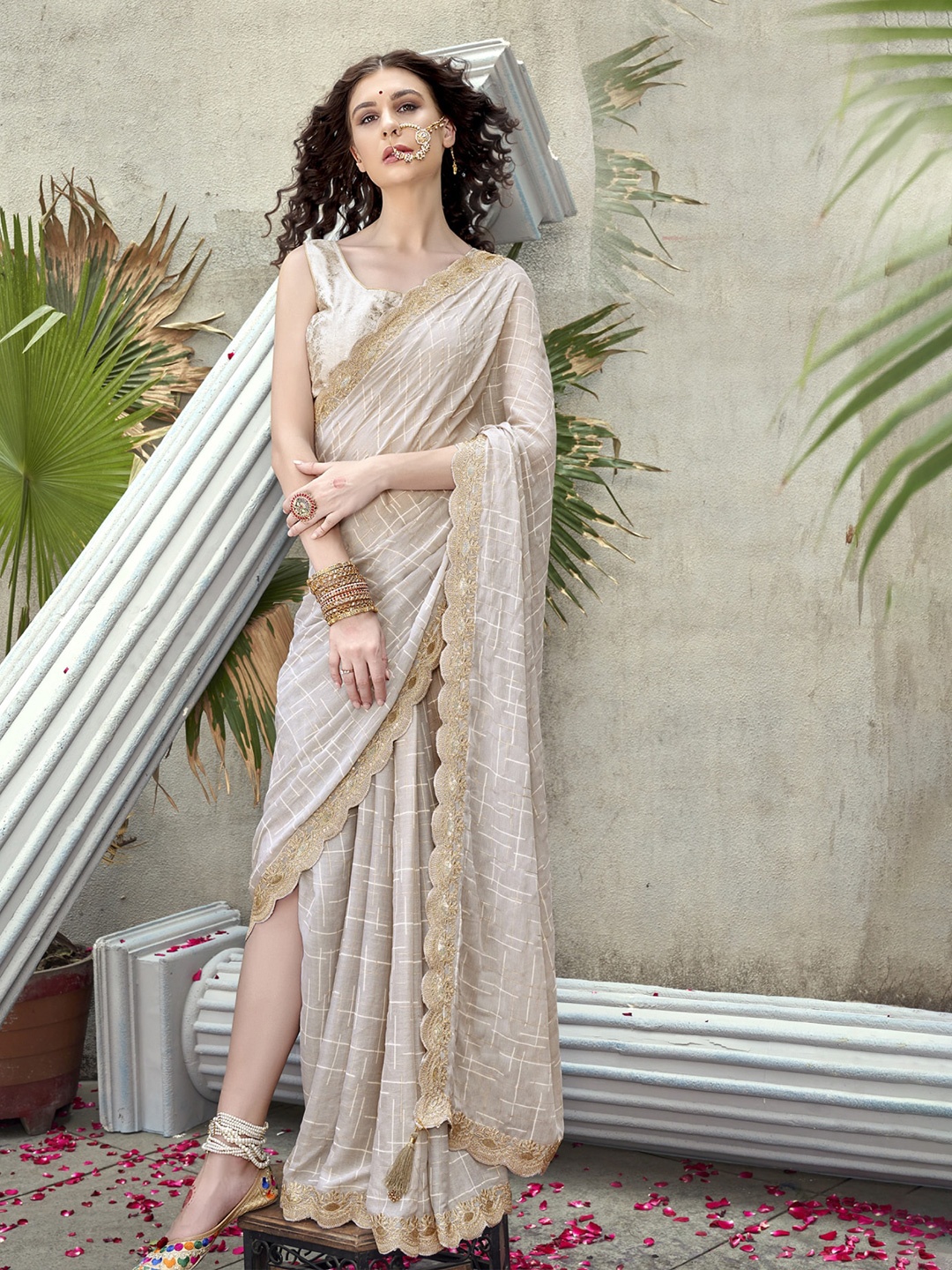 

KALINI Checked Embroidered Pure Georgette Saree, Beige