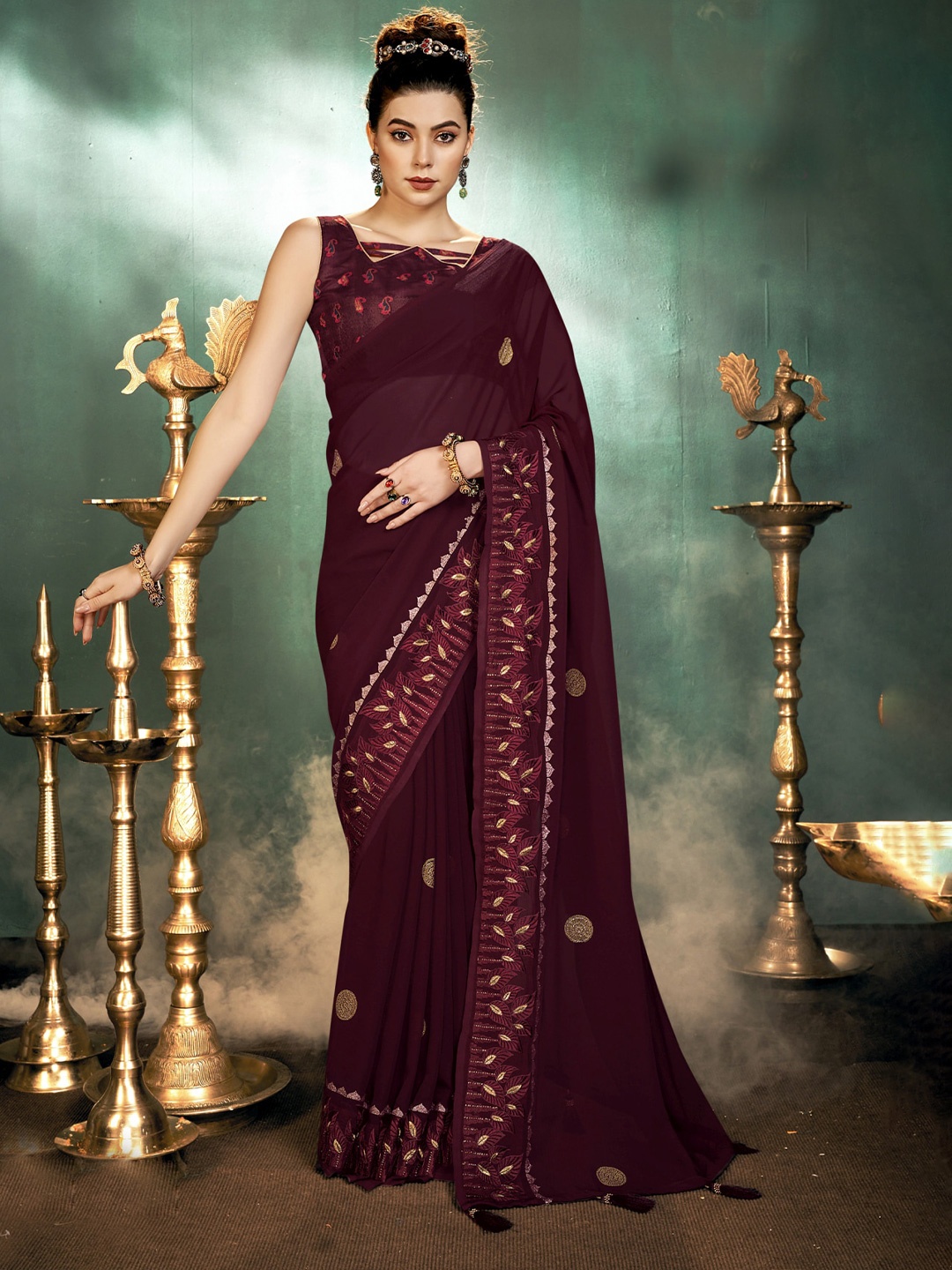 

KALINI Ethnic Motifs Embroidered Pure Georgette Saree, Magenta