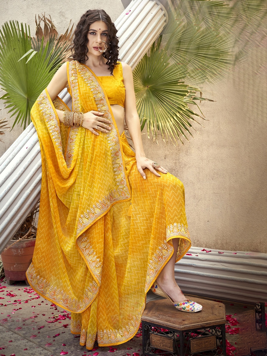 

KALINI Bandhani Printed Embroidered Pure Georgette Saree, Yellow