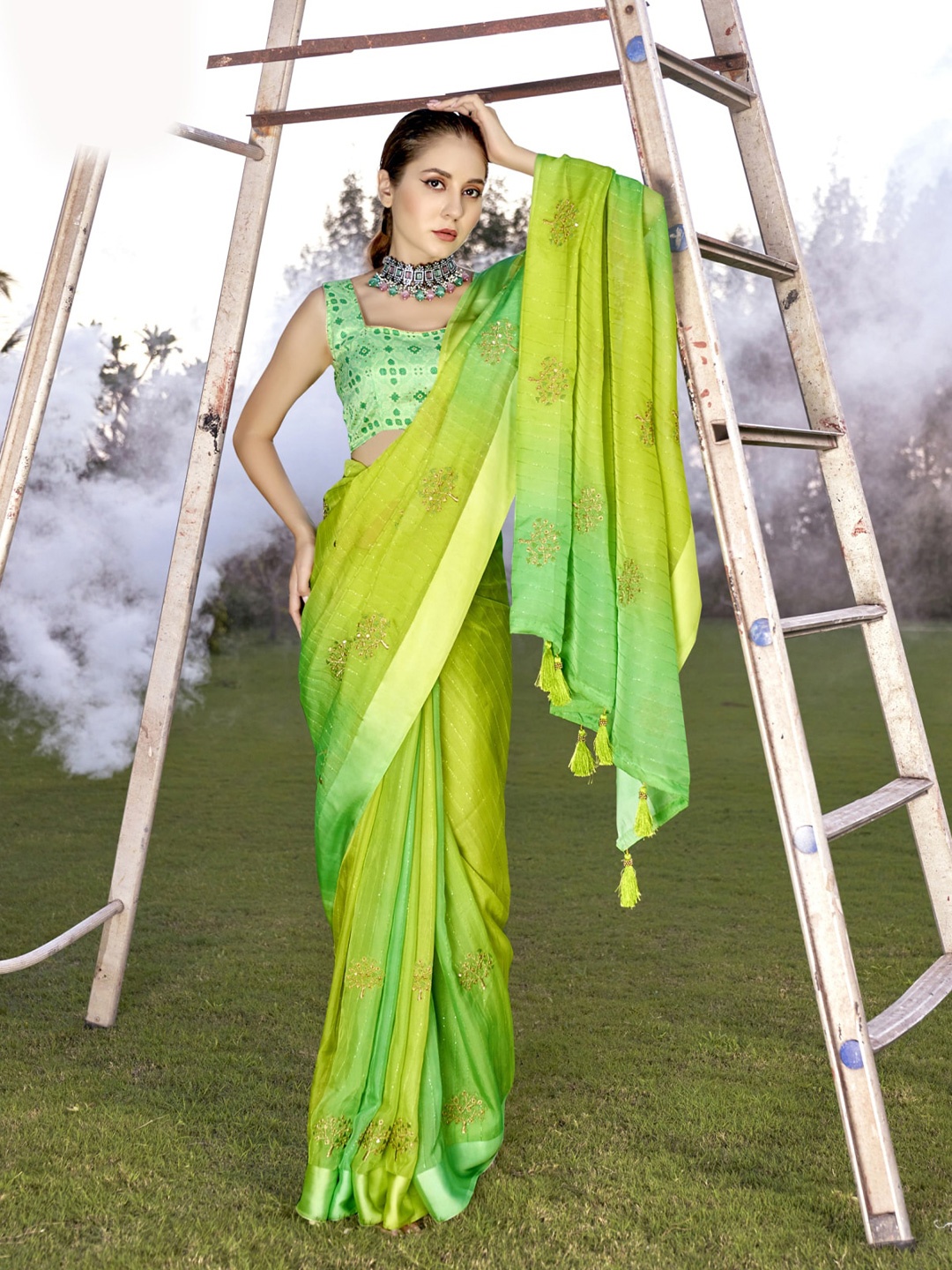 

KALINI Floral Embroidered Organza Saree, Green