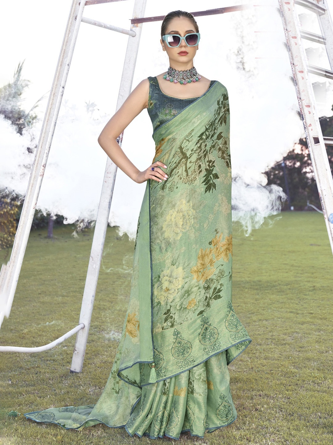 

KALINI Floral Printed Sequinned Detail Saree, Green