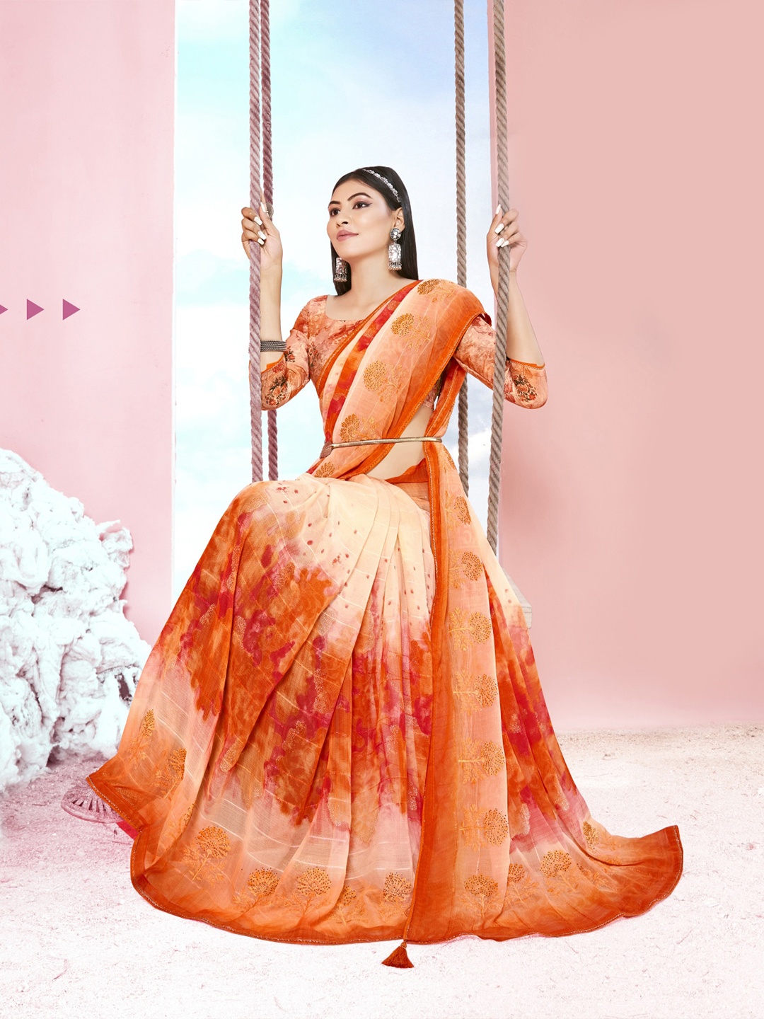 

KALINI Abstract Printed Beads and Stones Pure Georgette Saree, Orange