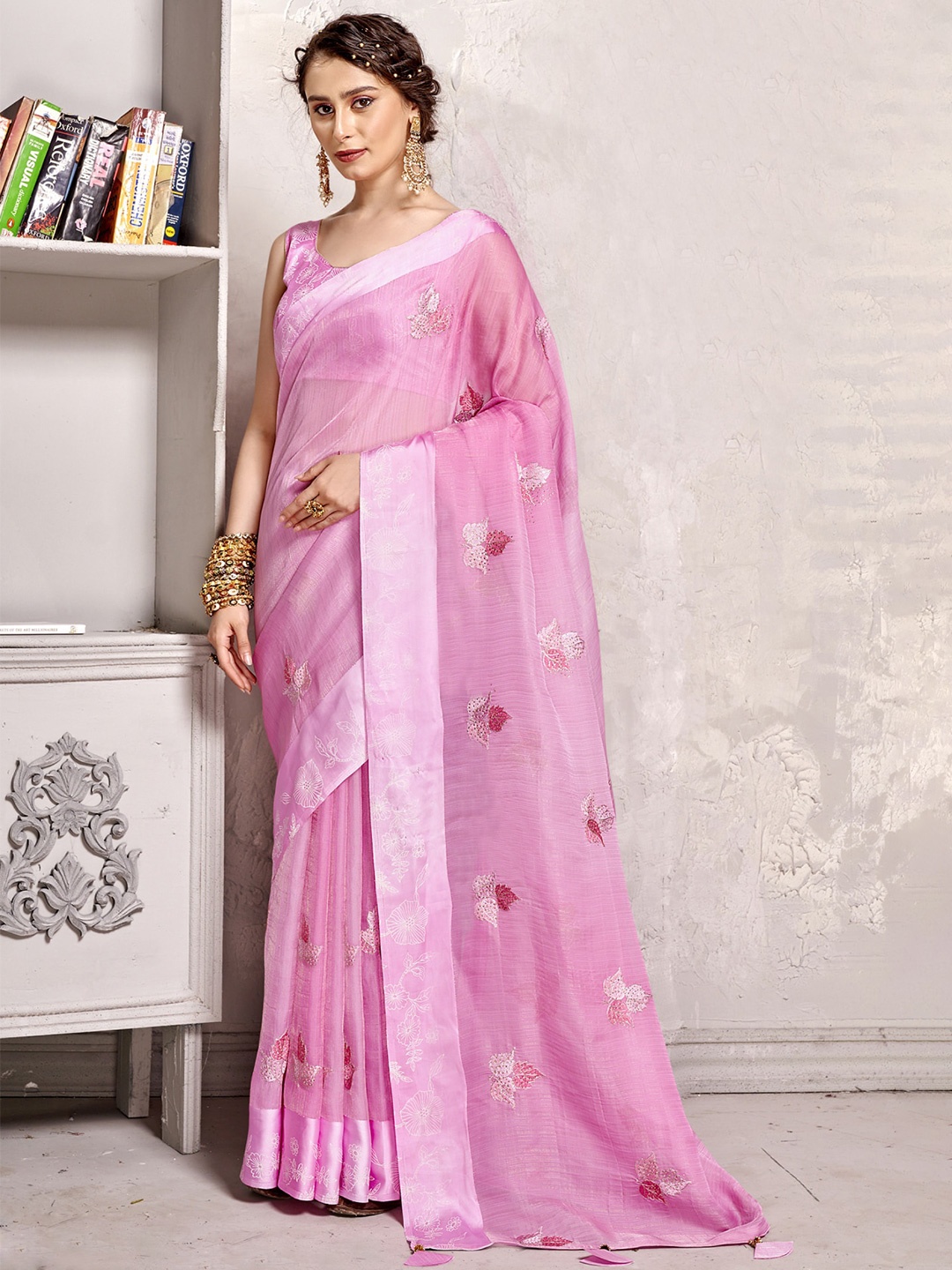 

KALINI Floral Embroidered Beads & Stones Organza Saree, Pink