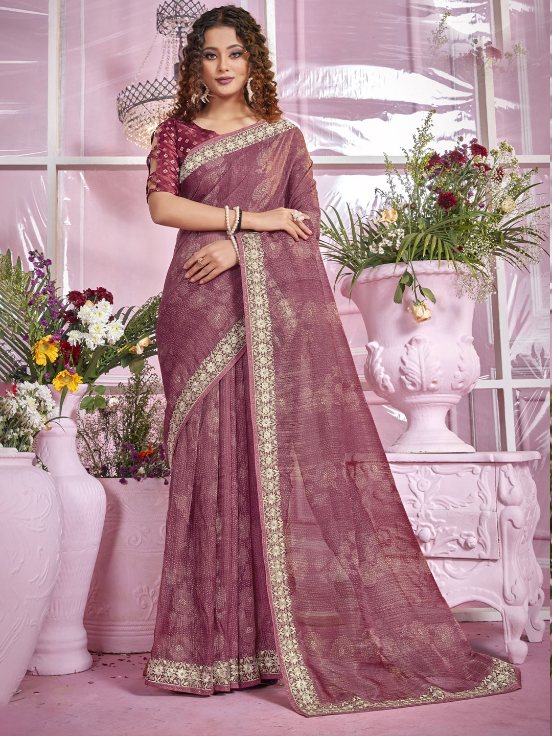 

KALINI Floral Printed Beads and Stones Detail Organza Saree, Purple