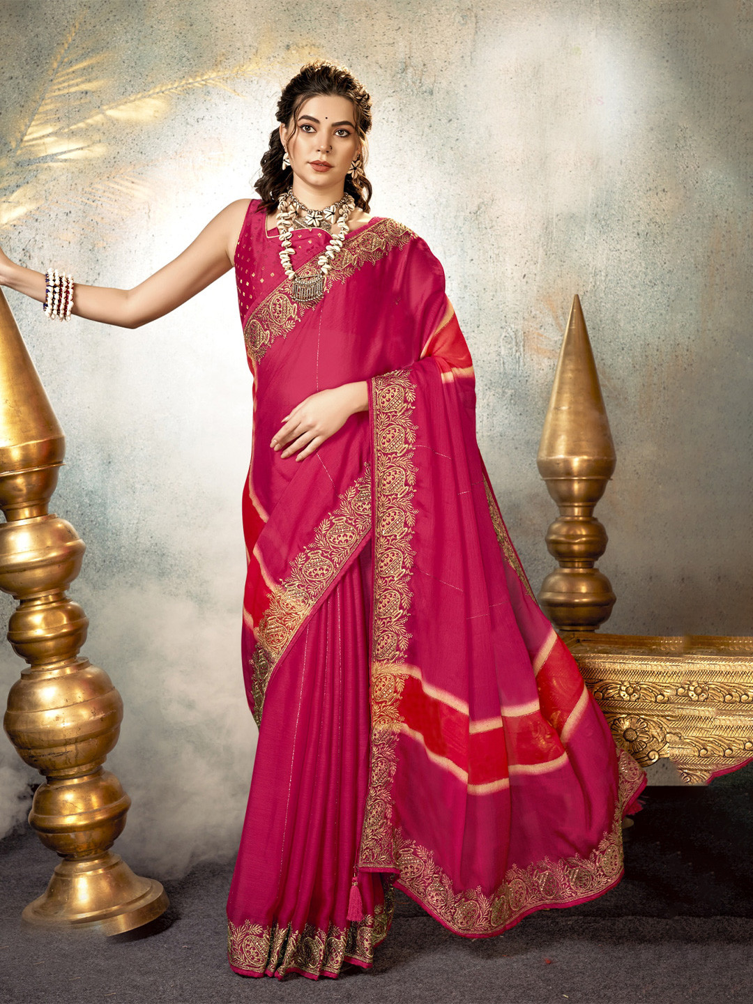 

KALINI Striped Embroidered Pure Chiffon Saree, Pink