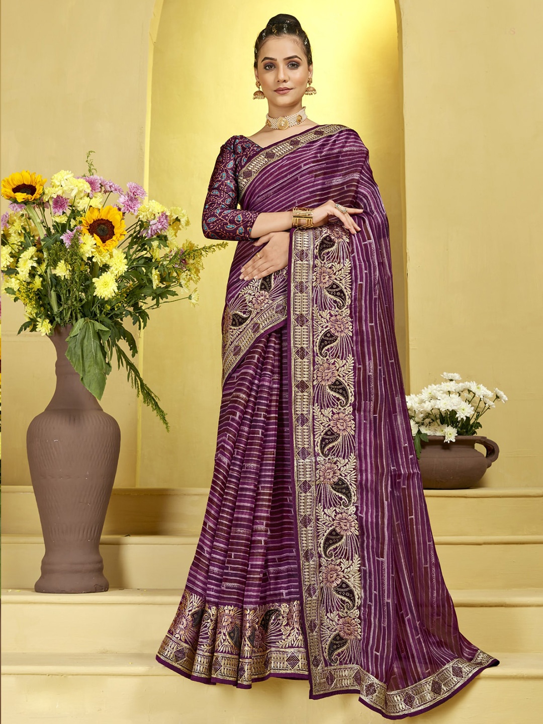 

KALINI Striped Printed Embroidered Organza Saree, Magenta