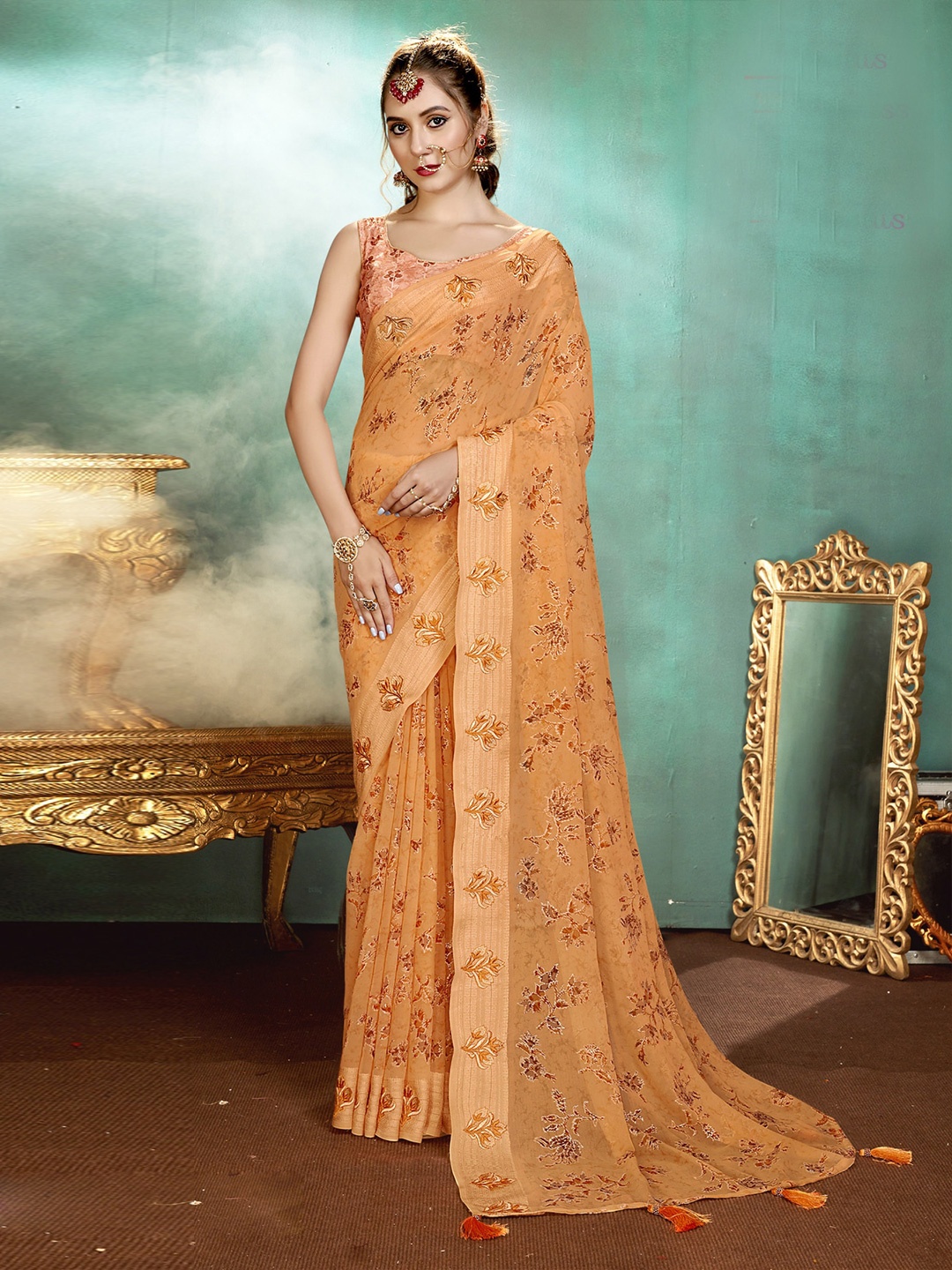 

KALINI Floral Printed Pure Georgette Saree, Orange