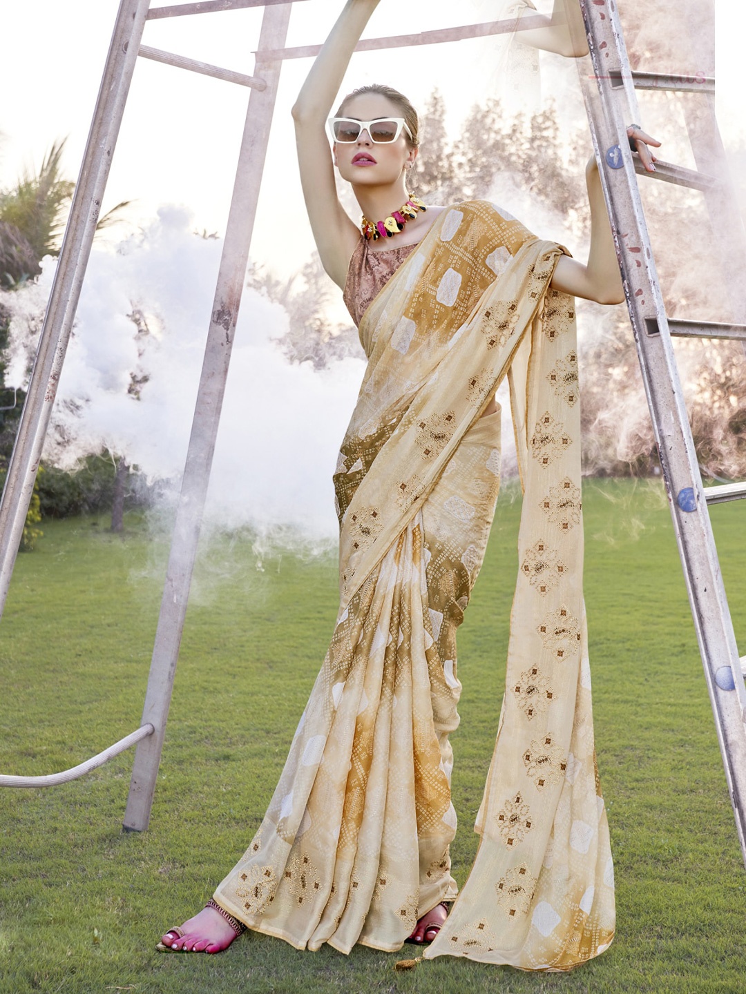 

KALINI Bandhani Printed Embroidered Pure Chiffon Saree, Beige