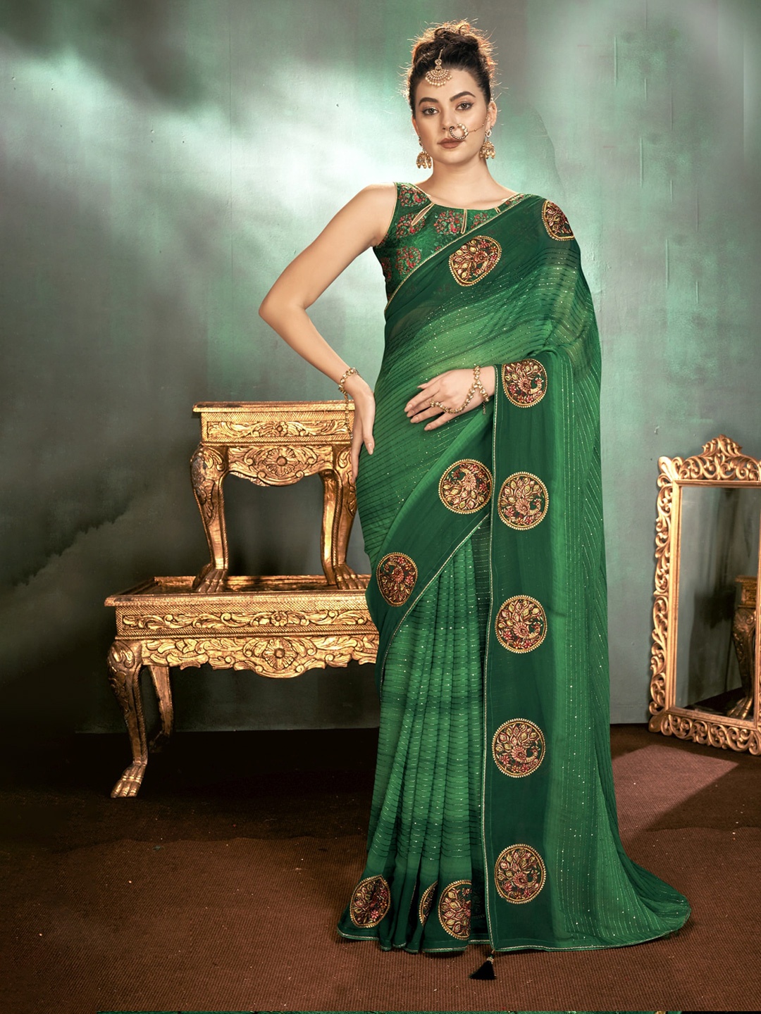 

KALINI Green & Gold-Toned Striped Sequinned Pure Georgette Saree