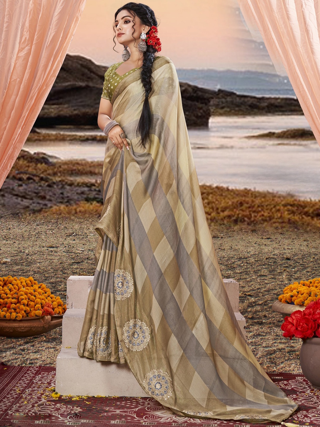 

KALINI Checked Embroidered Pure Chiffon Saree, Beige