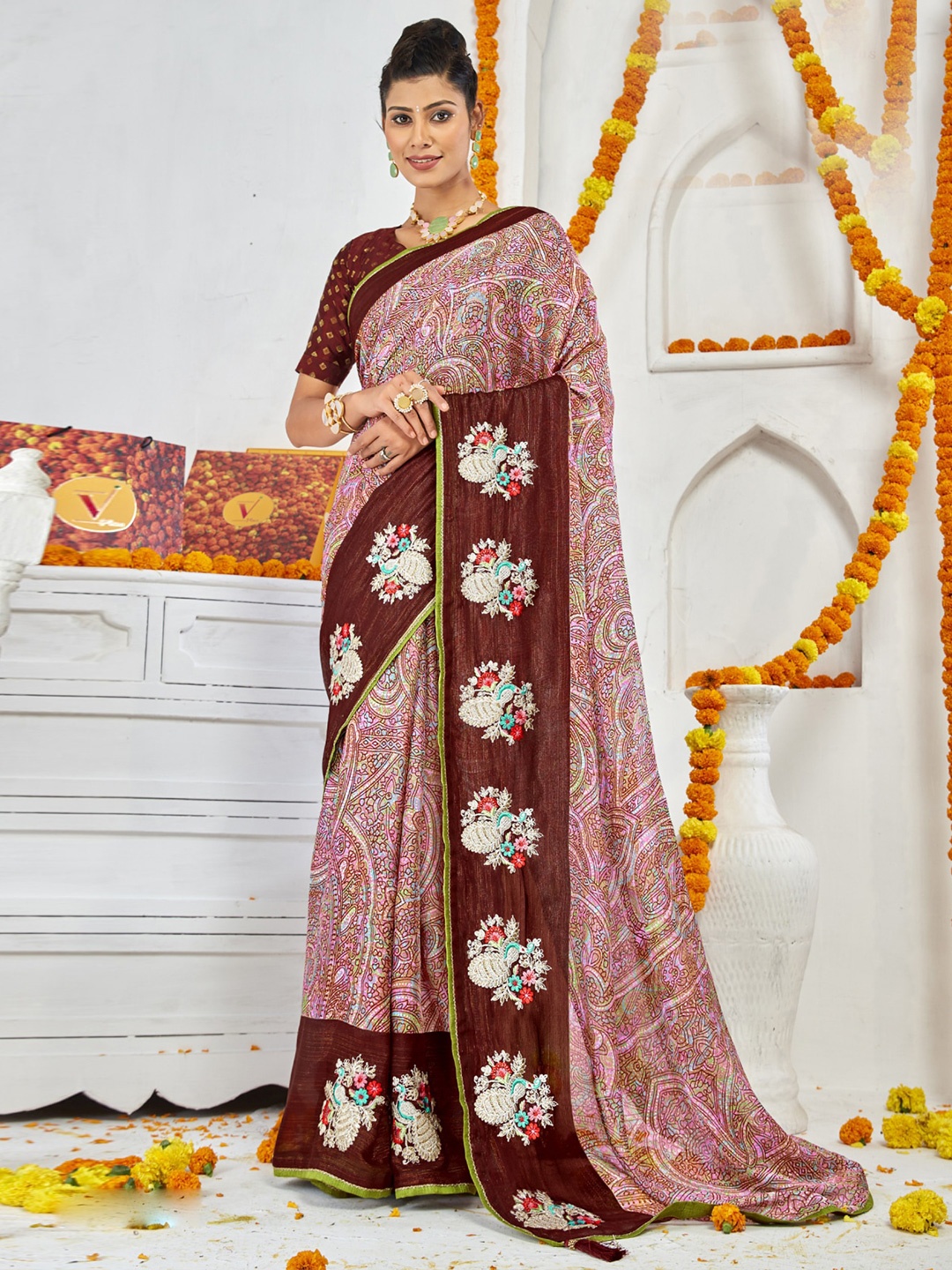 

KALINI Paisley Embroidered Pure Georgette Saree, Maroon
