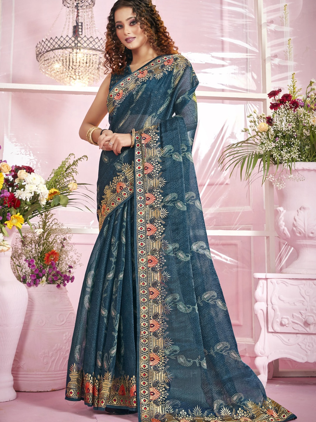 

KALINI Paisley Printed Embroidered Border Organza Saree, Teal
