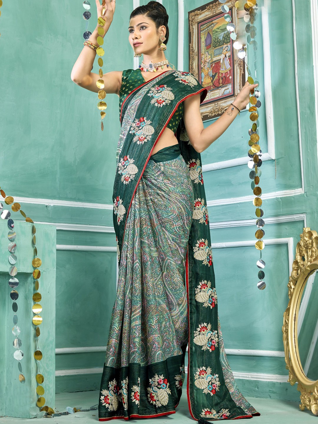 

KALINI Ethnic Motifs Printed Embroidered Pure Georgette Saree, Green