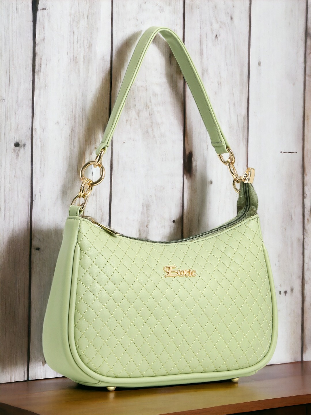 

Exotic Textured Structured Hobo Bag with Quilted, Green