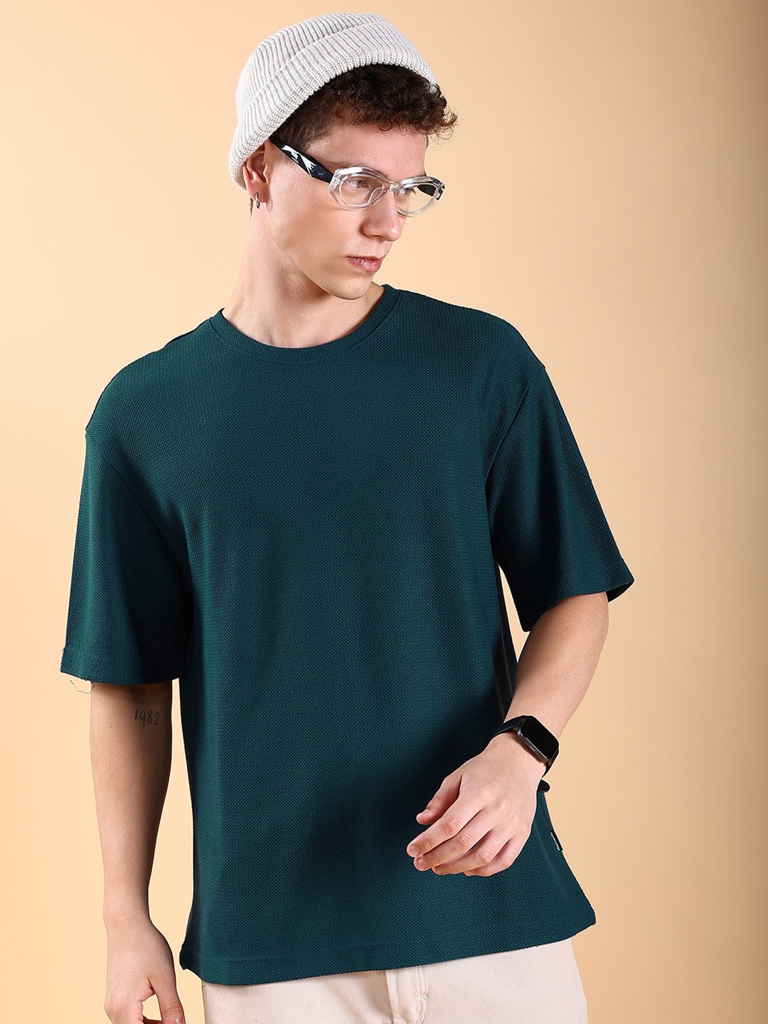 

HIGHLANDER Popcorn Structured Oversized Drop-Shoulder Sleeves T-Shirt, Teal