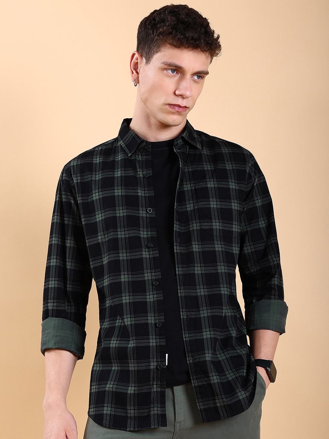 

HIGHLANDER Slim Fit Tartan Checked Cotton Casual Shirt, Black