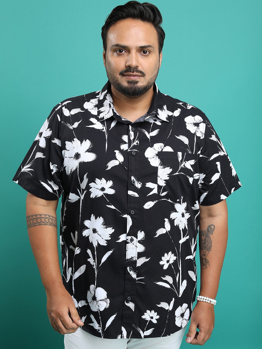 

HIGHLANDER Plus Size Floral Printed Cotton Casual Shirt, Black