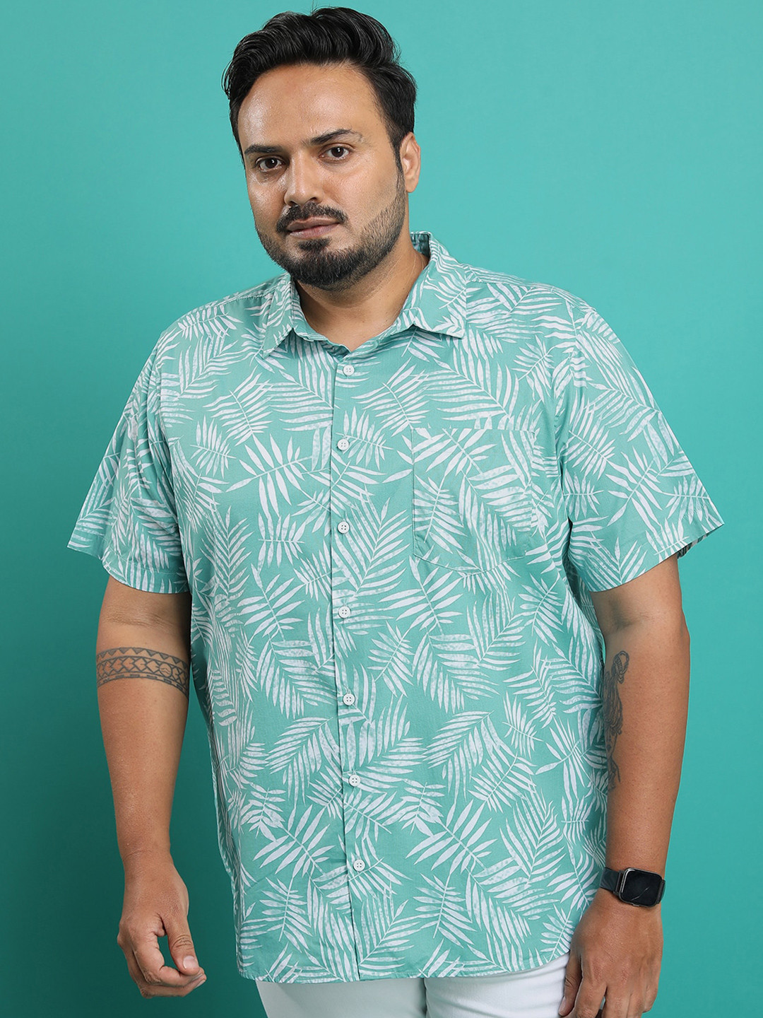 

HIGHLANDER Plus Size Tropical Printed Cotton Casual Shirt, Green