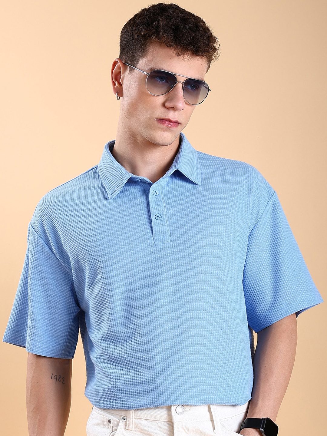 

HIGHLANDER Oversized Polo Collar Popcorn Structured Drop-Shoulder Sleeves T-Shirt, Blue